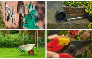 Kolaż ze zdjęć z ogrodami i narzędziami ogrodowymi