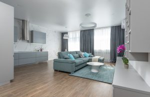 Salon z turkusowymi poduszkami